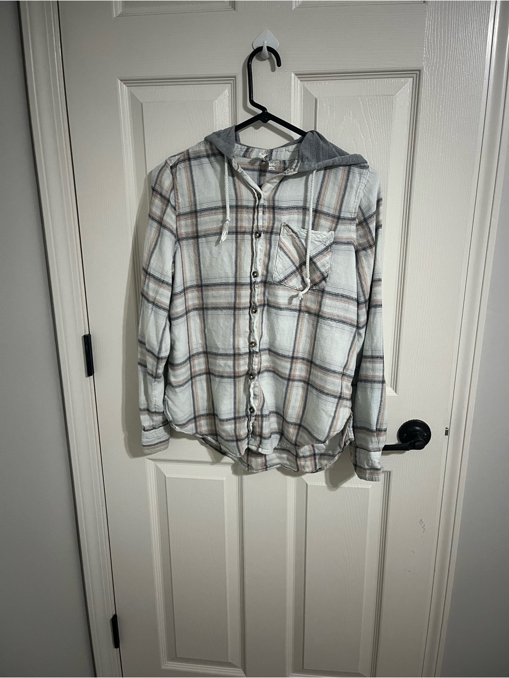 Mudd Plaid Hooded Button-Down Shirt - Cream, Gray